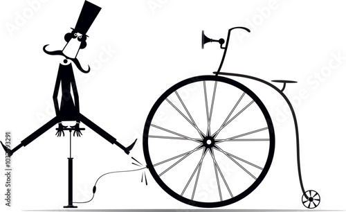 Cartoon man and a broken bicycle. Man in the top hat inflates the wheel of a retro bicycle.
Long moustaches gentleman in the top hat inflates the wheel of a retro bicycle. Cartoon man repairs bicycle