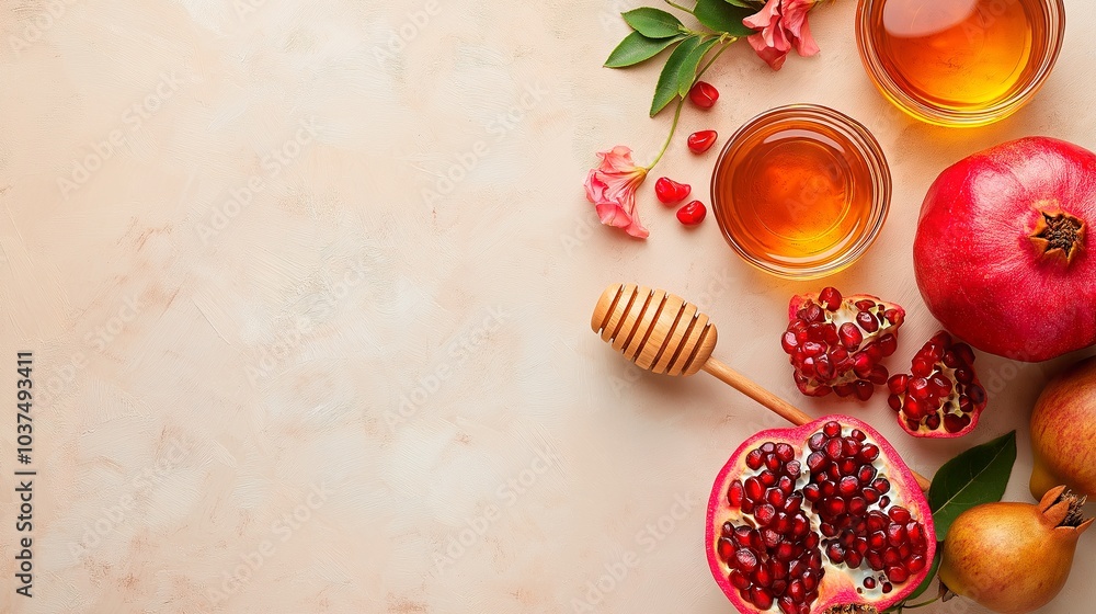 flat lay composition with pomegranate and honey on grey background flat lay composition with pomegranate and honey on grey background