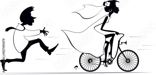 Married wedding couple. Bride rides away from the bridegroom on the bicycle.
Upset bridegroom trying to catch up a runaway bride on the bicycle bride. Black and white illustration
