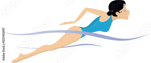 Swimming young woman. Colorful swimmer character illustration on white background. 
Active person. Sportswoman training in the pool. Healthcare, water sport concept
