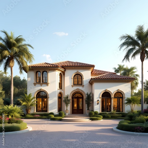 luxurious style villa with arched windows and terracotta roof