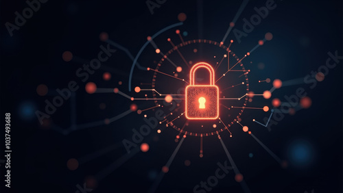 Abstract technology background featuring a central lock with connected nodes, illustrating network safety and data encryption