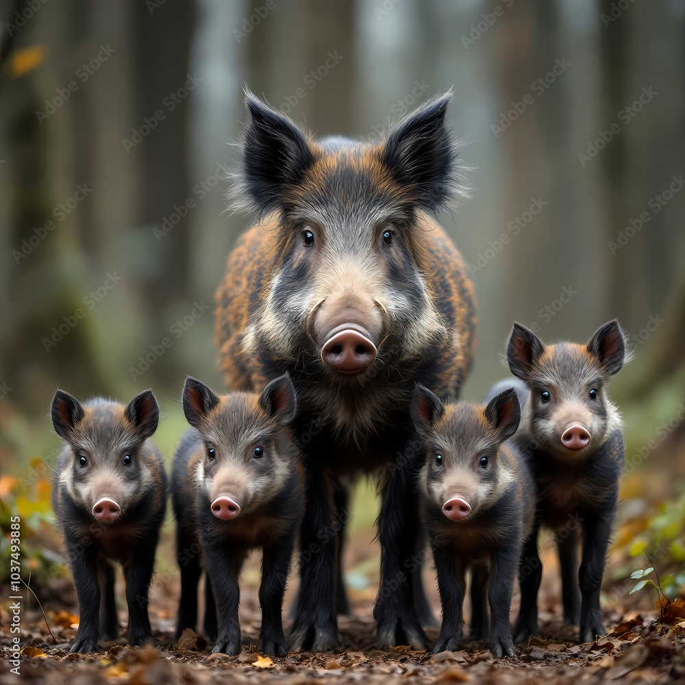 wild boar mother and her babies standing in the forest, looking at the camera
