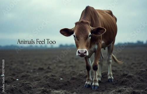 A calf stands alone on barren ground under a cloudy sky, looking directly at the camera. The text "Animals Feel Too" highlights the importance of recognizing animals' emotions and welfare.