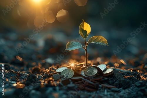 Money growing concept, tree sprouting from pile of coins, business success, bright lighting, intricate details, high-angle shot, economic growth, 4K resolution photo