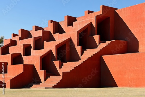 鮮やかな赤色の建物の外観が際立つ現代的なアーキテクチャーの特徴を持つ施設 photo