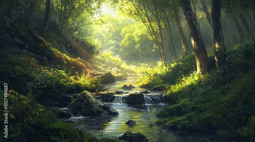 A lush green forest with a small stream running through it, enhancing the tranquil setting.