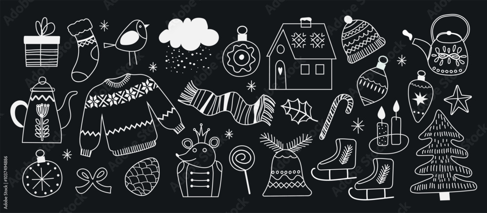 Merry christmas and happy new year cute doodle element background. Hand drawn design with christmas bauble ball, hat, sock, skates, Christmas tree decorations. Illustration for banner, wallpaper, deco Merry christmas and happy new year cute doodle element background. Hand drawn design with christmas bauble ball, hat, sock, skates, Christmas tree decorations. Illustration for banner, wallpaper, deco