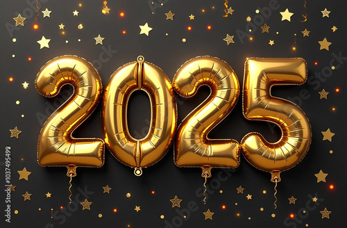 Happy New Year 2025 gold foil balloon numbers and stars on black background. 3D Rendering