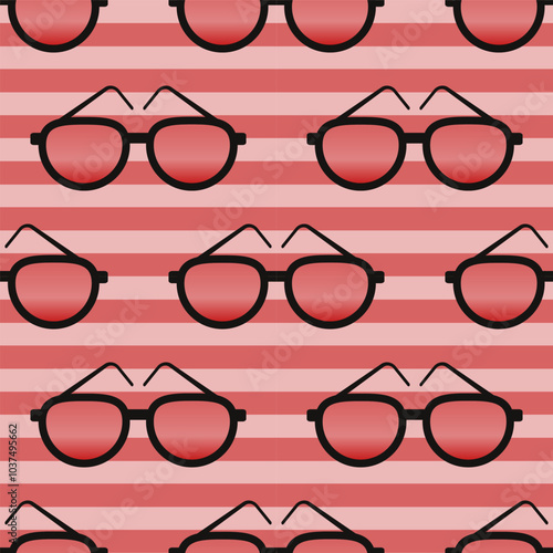 Bright sunglasses seamless pattern on striped background. Flat cartoon style vector illustration.	