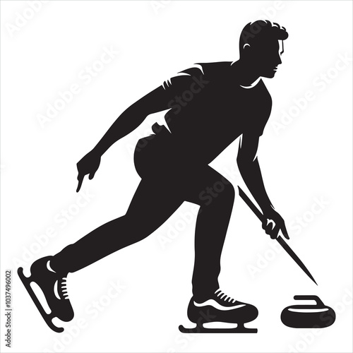 black flat color Curling sport male player with graffiti silhouette on white background
