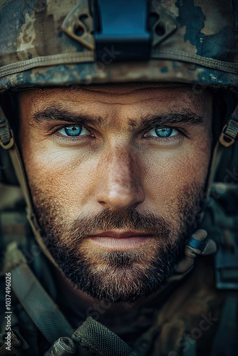 Close-up of a soldier's face with a piercing gaze