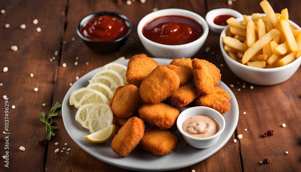 Chicken Nuggets and French Fries Meal on a Wooden Table Chicken Nuggets and French Fries Meal on a Wooden Table