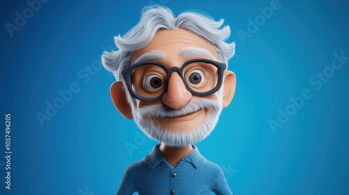 Customizable avatar of a unique personality virtual in a world. A cheerful elderly 3D cartoon man with gray hair, glasses, and a white beard, wearing a light blue shirt, smiling warmly.