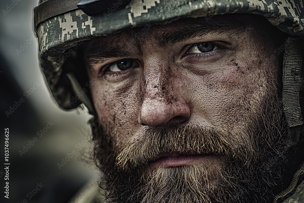 Close-up of a soldier's face with a piercing gaze Close-up of a soldier's face with a piercing gaze