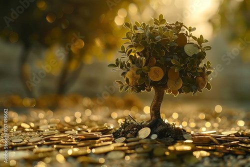 Tree growing on pile of coins, money growth concept, business success, golden sunlight, detailed leaves, close-up shot, financial prosperity, 4K resolution photo