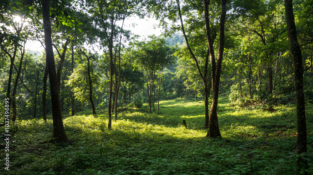 A lush green forest filled with diverse tree species, creating a vibrant ecosystem. A lush green forest filled with diverse tree species, creating a vibrant ecosystem.