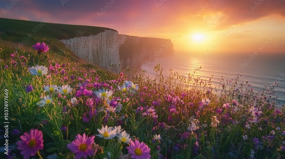 Obraz premium Serene Sunset Over Cliffs with Colorful Wildflowers