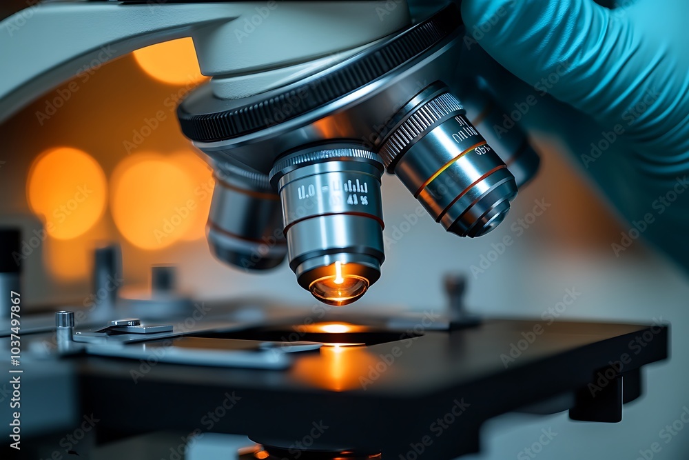Close-up view of a microscope in a laboratory setting.