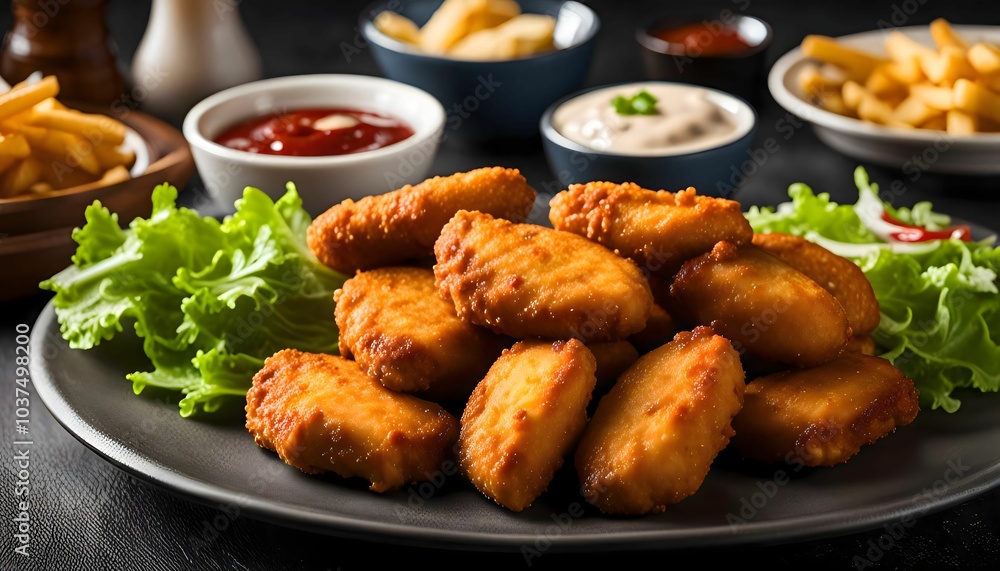 Delicious Chicken Nuggets with Lettuce and Dips Delicious Chicken Nuggets with Lettuce and Dips