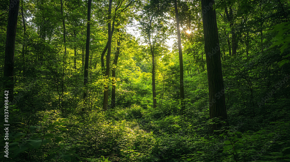 Fototapeta premium A lush forest during summer, buzzing with life and vibrant colors.