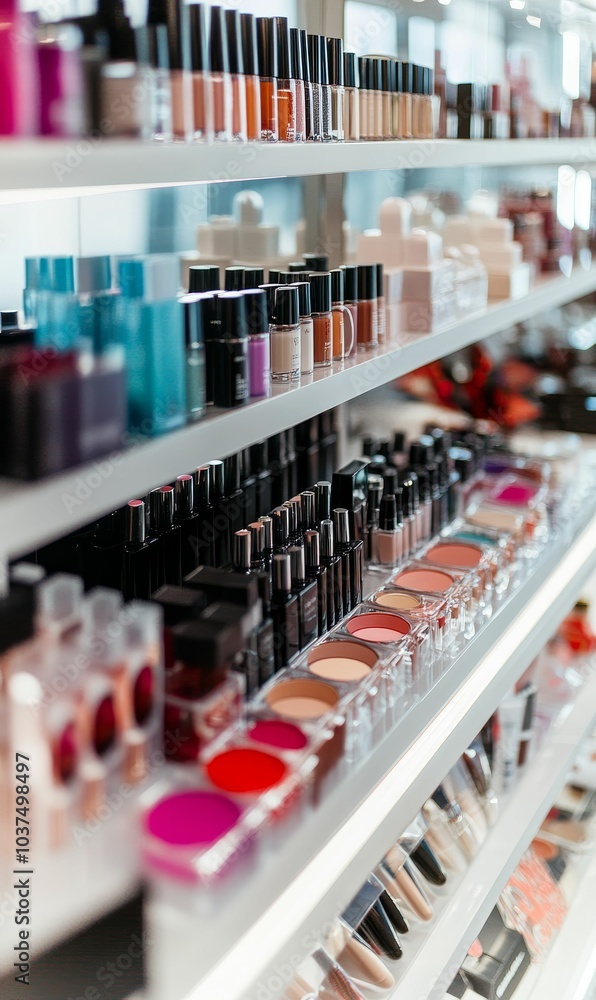Makeup products arranged on shelves. Makeup products arranged on shelves.
