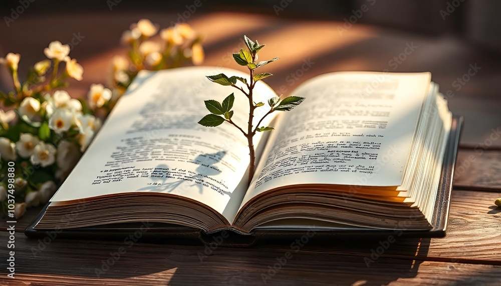 Open book with delicate plant sprout symbolizing growth and knowledge in warm sunlight Open book with delicate plant sprout symbolizing growth and knowledge in warm sunlight