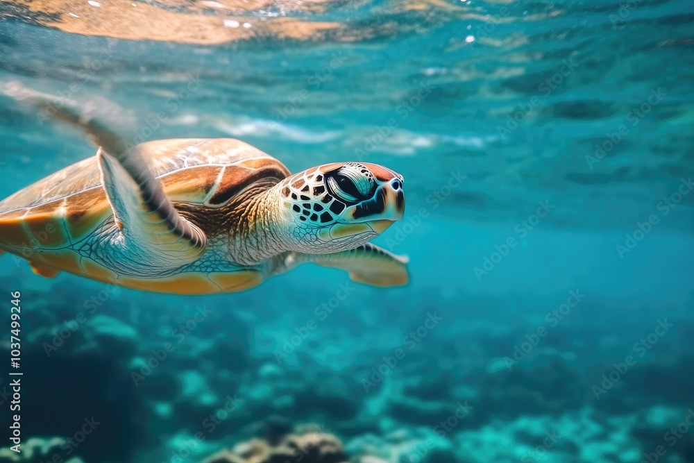 Serene Moment: Sea Turtle Swimming Elegantly Serene Moment: Sea Turtle Swimming Elegantly