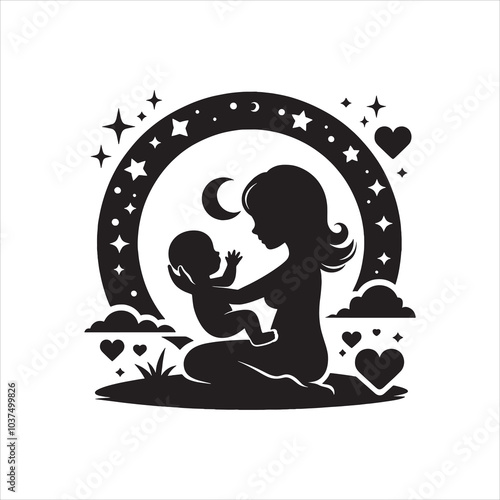 Mother and child silhouette in starry night scene with hearts vector