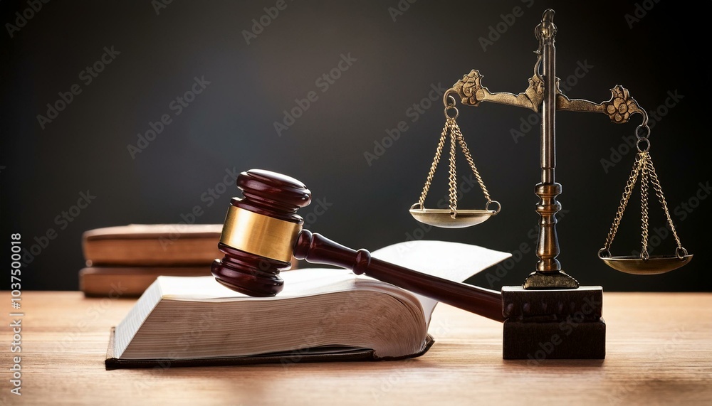 Mallet And Legal Book With Justice Scale On Table Mallet And Legal Book With Justice Scale On Table