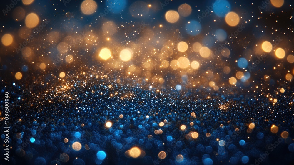 Blue background with gold glitter and bokeh effect. Christmas background with bokeh and glitter. Blue background with gold glitter and bokeh effect. Christmas background with bokeh and glitter.