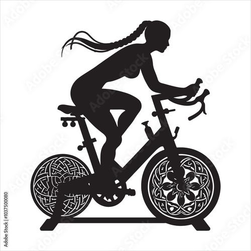 spinning bike exercise female player with celtic knot silhouette on white background
