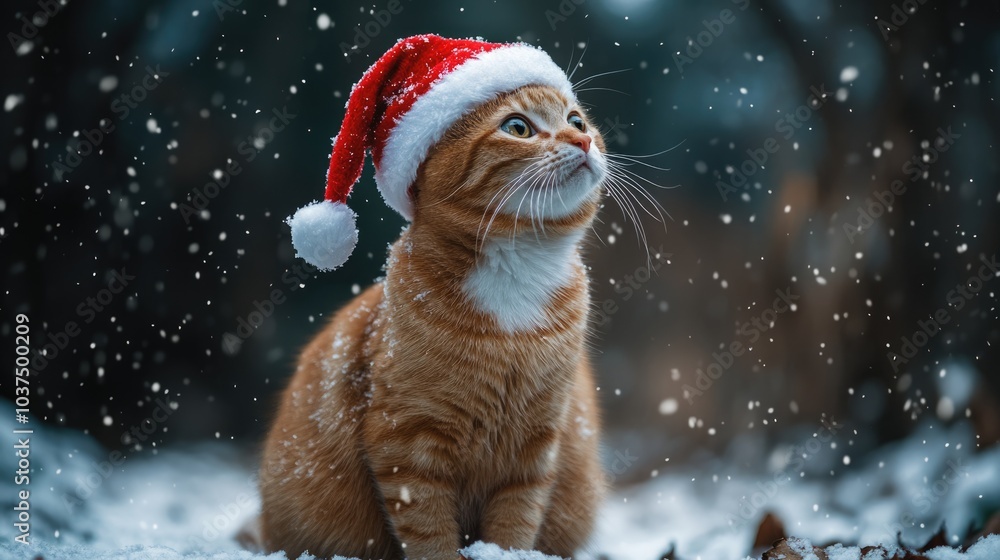 Cat in Santa Claus outfit watching snow fall. Winter background with cat in Santa Claus hat. Christmas concept. Cat in Santa Claus outfit watching snow fall. Winter background with cat in Santa Claus hat. Christmas concept.