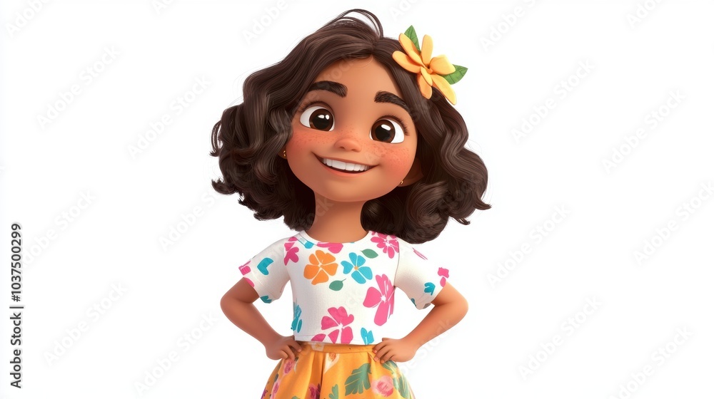 Customizable avatar of a unique personality virtual in a world. Animated girl with curly hair, wearing a colorful floral outfit and a matching flower accessory in her hair. Customizable avatar of a unique personality virtual in a world. Animated girl with curly hair, wearing a colorful floral outfit and a matching flower accessory in her hair.