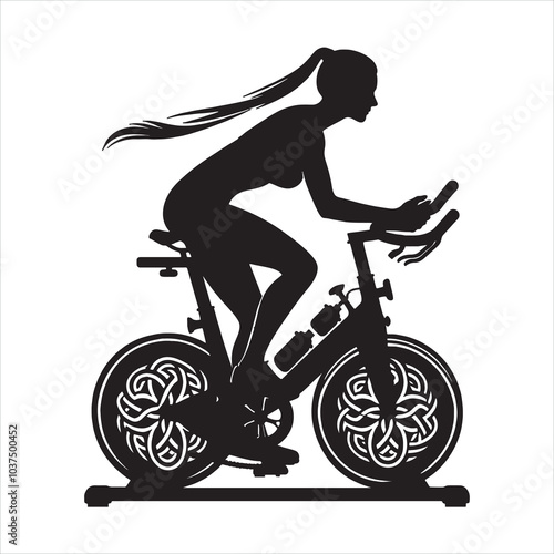spinning bike exercise female player with celtic knot silhouette on white background
