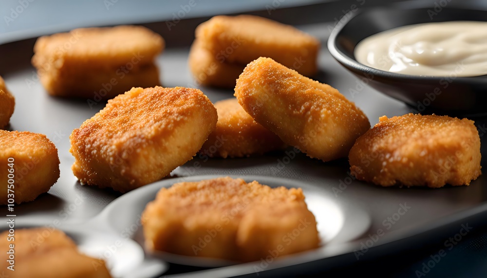 Close up of golden chicken nuggets on a black plate Close up of golden chicken nuggets on a black plate