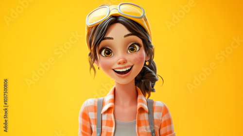 Customizable avatar of a unique personality virtual in a world. Animated woman with a cheerful smile, wearing goggles and a casual plaid shirt, standing against a bright yellow background.