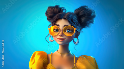 Customizable avatar of a unique personality virtual in a world. Animated woman with glasses, hoop earrings, and a fashionable yellow outfit, smiling confidently against a blue background.