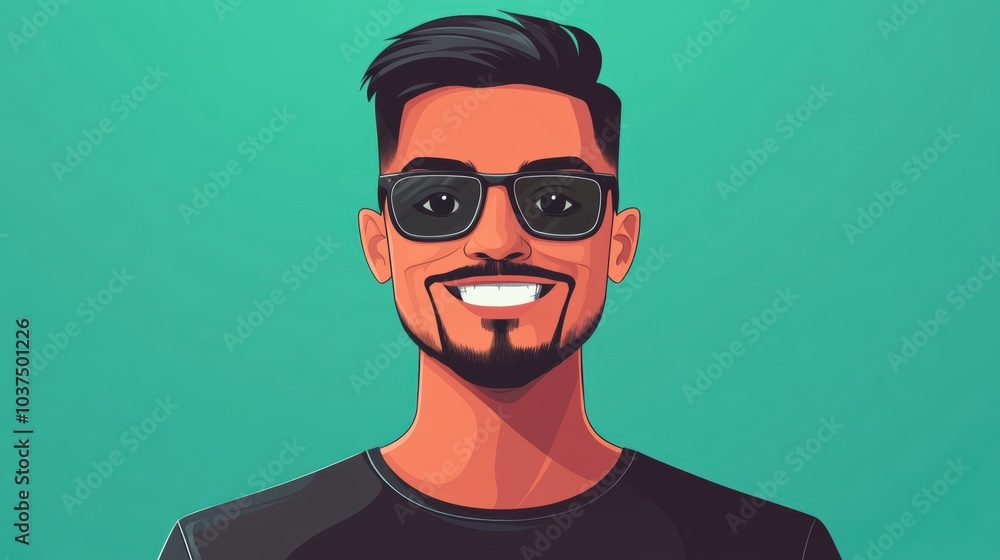 Fototapeta premium Customizable avatar of a unique personality virtual in a world. Animated man with a beard and sunglasses, wearing a black t-shirt, smiling confidently against a green background,.