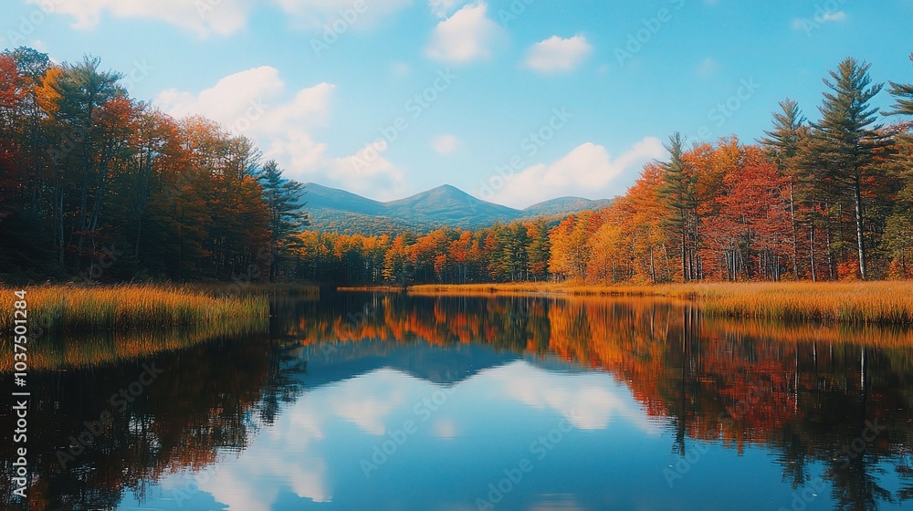 Scenic Autumn Reflection in a Serene Lake View Scenic Autumn Reflection in a Serene Lake View