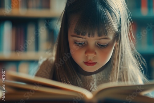 Close-Up of a Girl Reading in the Library