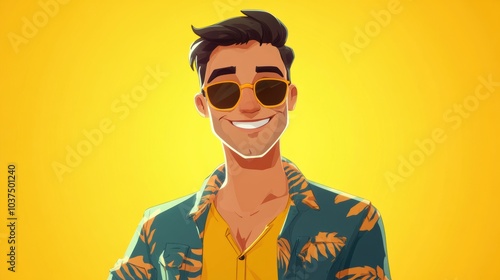 Customizable avatar of a unique personality virtual in a world. Animated man with sunglasses, a tropical shirt, and a big smile, standing confidently against a bright yellow background.