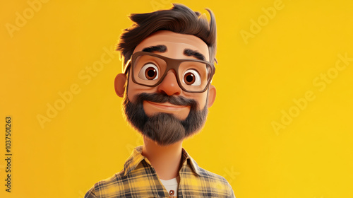 Customizable avatar of a unique personality virtual in a world. Animated man with a beard, glasses, and tousled hair, wearing a plaid shirt, smiling warmly against a bright yellow background.