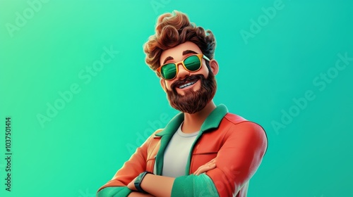 Customizable avatar of a unique personality virtual in a world. Animated man with a beard, curly hair, and sunglasses, wearing a colorful jacket, smiling confidently with arms crossed against a green 