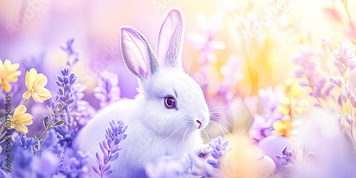 White rabbit is sitting in a field of purple flowers. The rabbit is looking at the camera, and the flowers are in various shades of purple. The image has a peaceful and calming mood