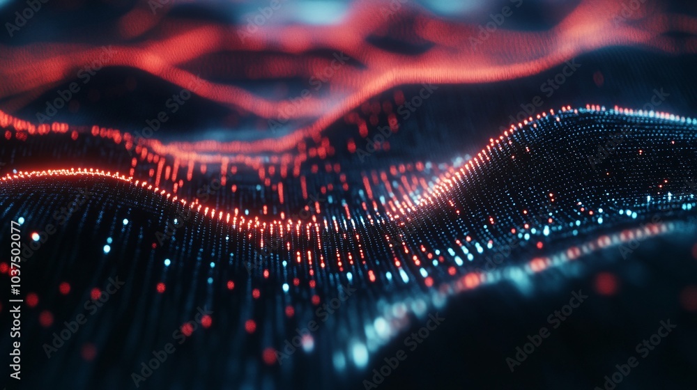 Abstract red and blue glowing particles forming a wavy digital landscape. Abstract red and blue glowing particles forming a wavy digital landscape.