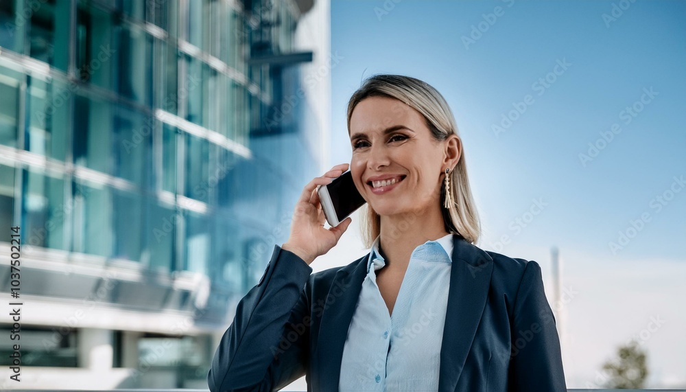 Smiling Saleswoman Making A Business Call On Smartphone Smiling Saleswoman Making A Business Call On Smartphone