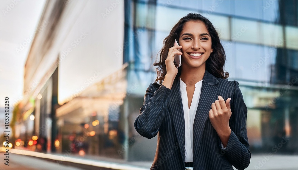 Smiling Saleswoman Making A Business Call On Smartphone Smiling Saleswoman Making A Business Call On Smartphone