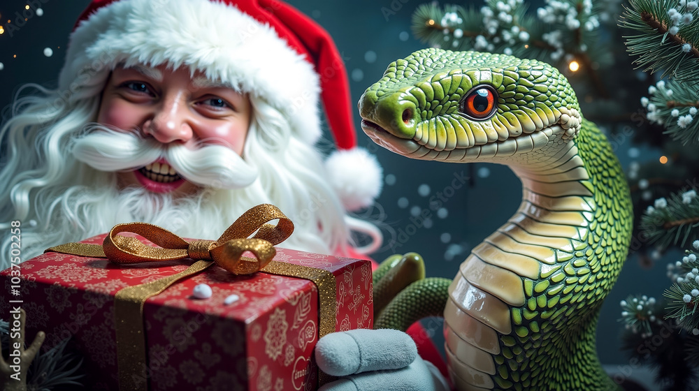 A santa claus holding a present next to a green snake A santa claus holding a present next to a green snake