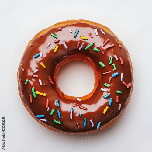 Delicious chocolate glazed donut with colorful sprinkles on white background, perfect for dessert lovers and bakery advertisements. photo